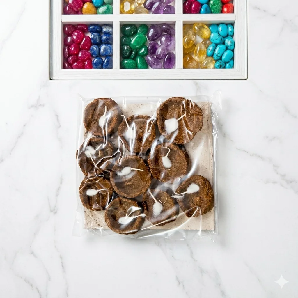 Vacuum-sealed Urjaa Deepaks on marble with a tray of colourful gemstones