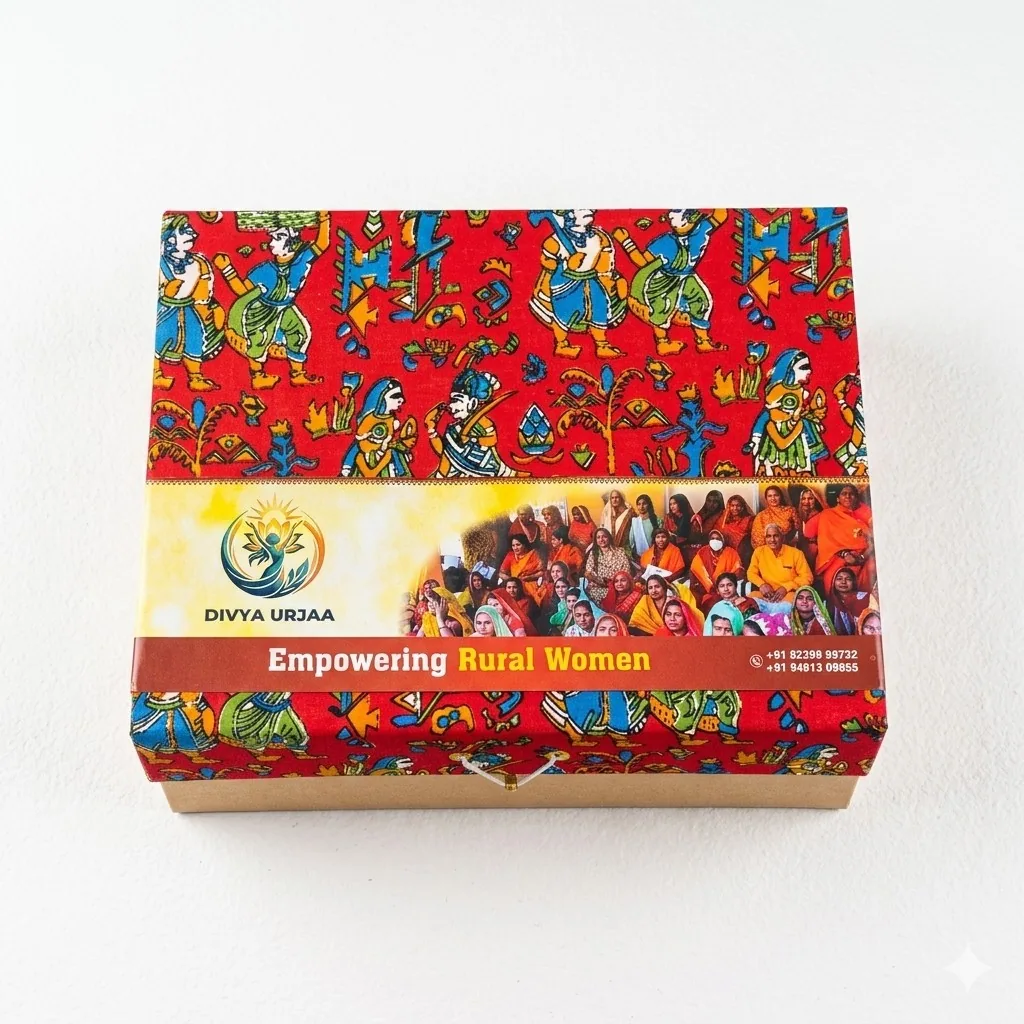 Divya Urjaa product box lid with folk art, logo, and Empowering Rural Women message