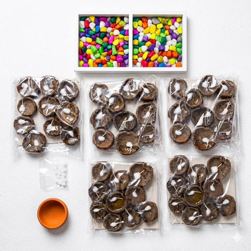 Urjaa Deepak set with packaged diyas, clay diya, camphor, and decorative stones